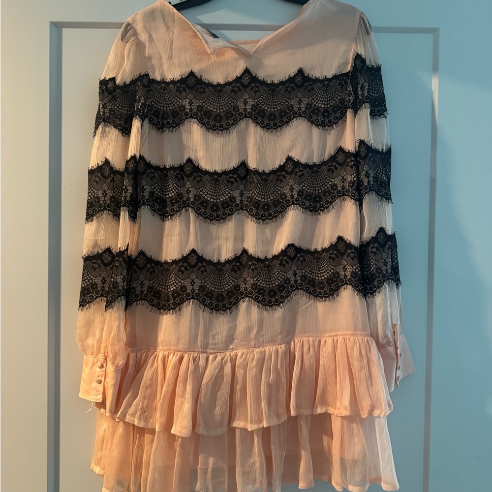 Gracia Pink Dress with Black Lace Stripes